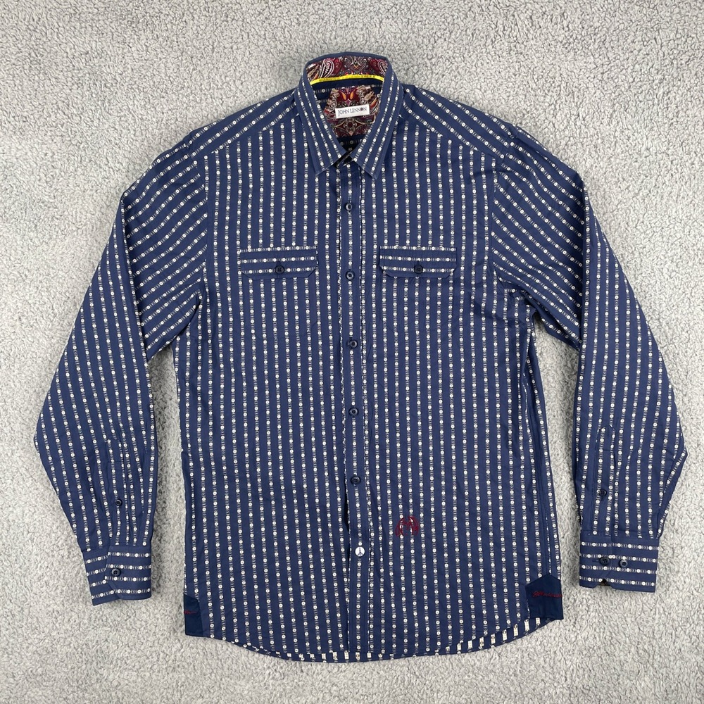 John Lennon Shirt Men M Blue Long Sleeve Button Down Daisy Stripe Retro Rock EUC - Picture 2 of 12